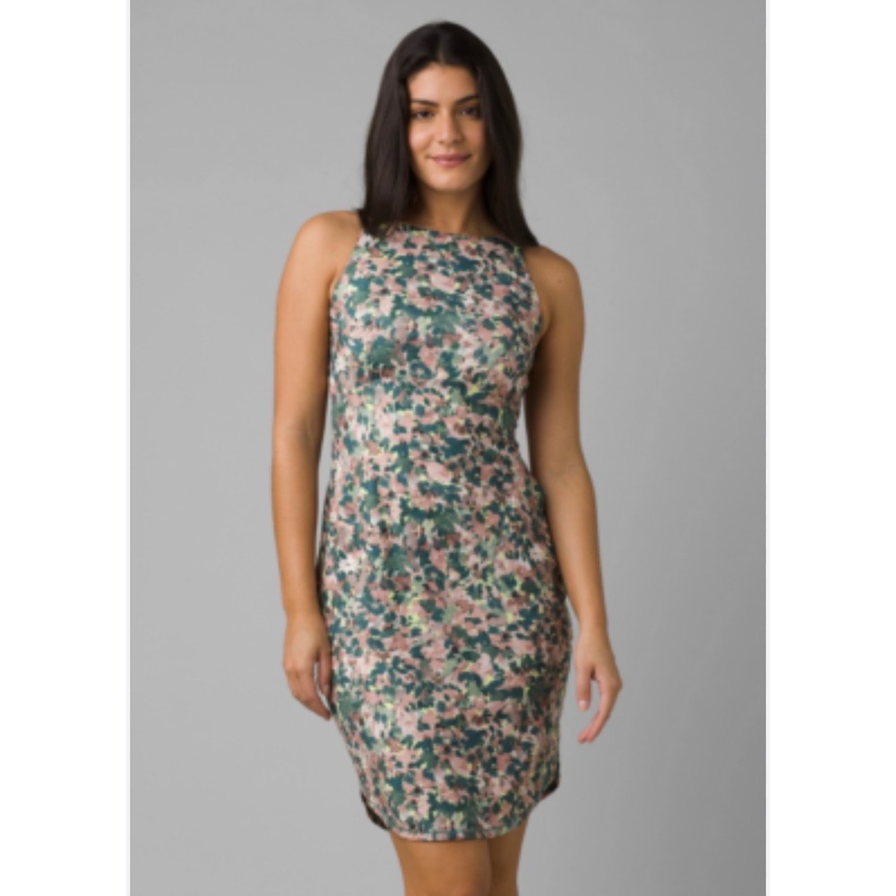 Prana Women‎ Green Pink Abstract Floral Sleeveless High Neck Dress Size S